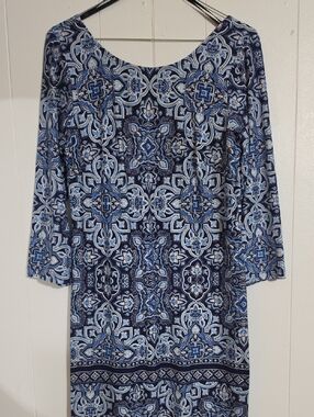 Apt. 9 Navy and Light Blue Printed Long-Sleeve Shift Dress